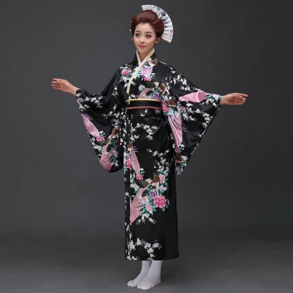Satin Kimono Floral Japanese Style Dress Flower Peacock Belt Black Pink Blue NEW - Picture 1 of 14